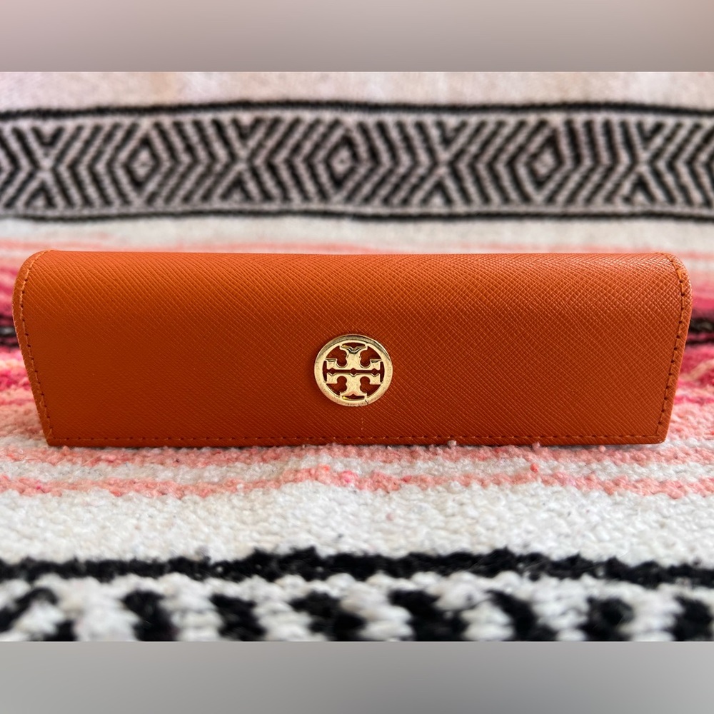 Tory Burch Orange Saffiano Leather Eyewear Glasses Case with Gold Logo